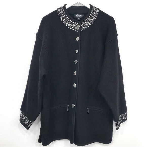 Icelandic Design Black White Nordic Design 100% Wool Sweater Coat - Picture 1 of 16